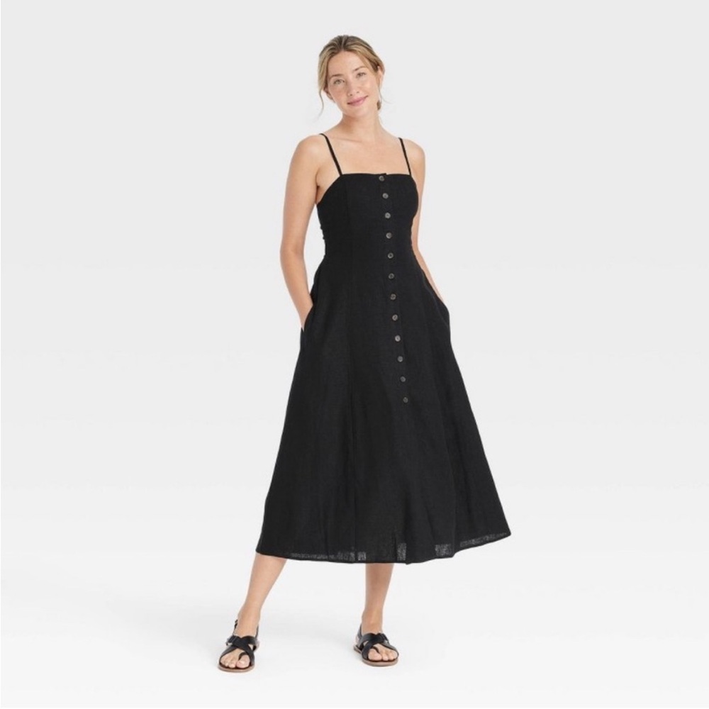Universal Thread Black Button-Front Midi Linen Tie Open Back Sundress NWT L